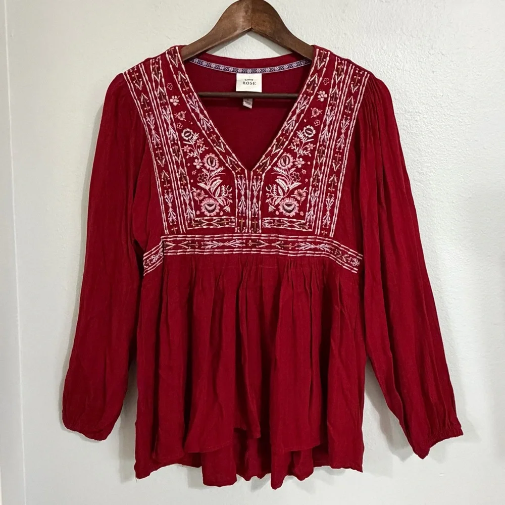 Knox Rose Embroidered V-neck Top Long Sleeves Boho Peasant Size Small Deep Red B - Picture 1 of 11